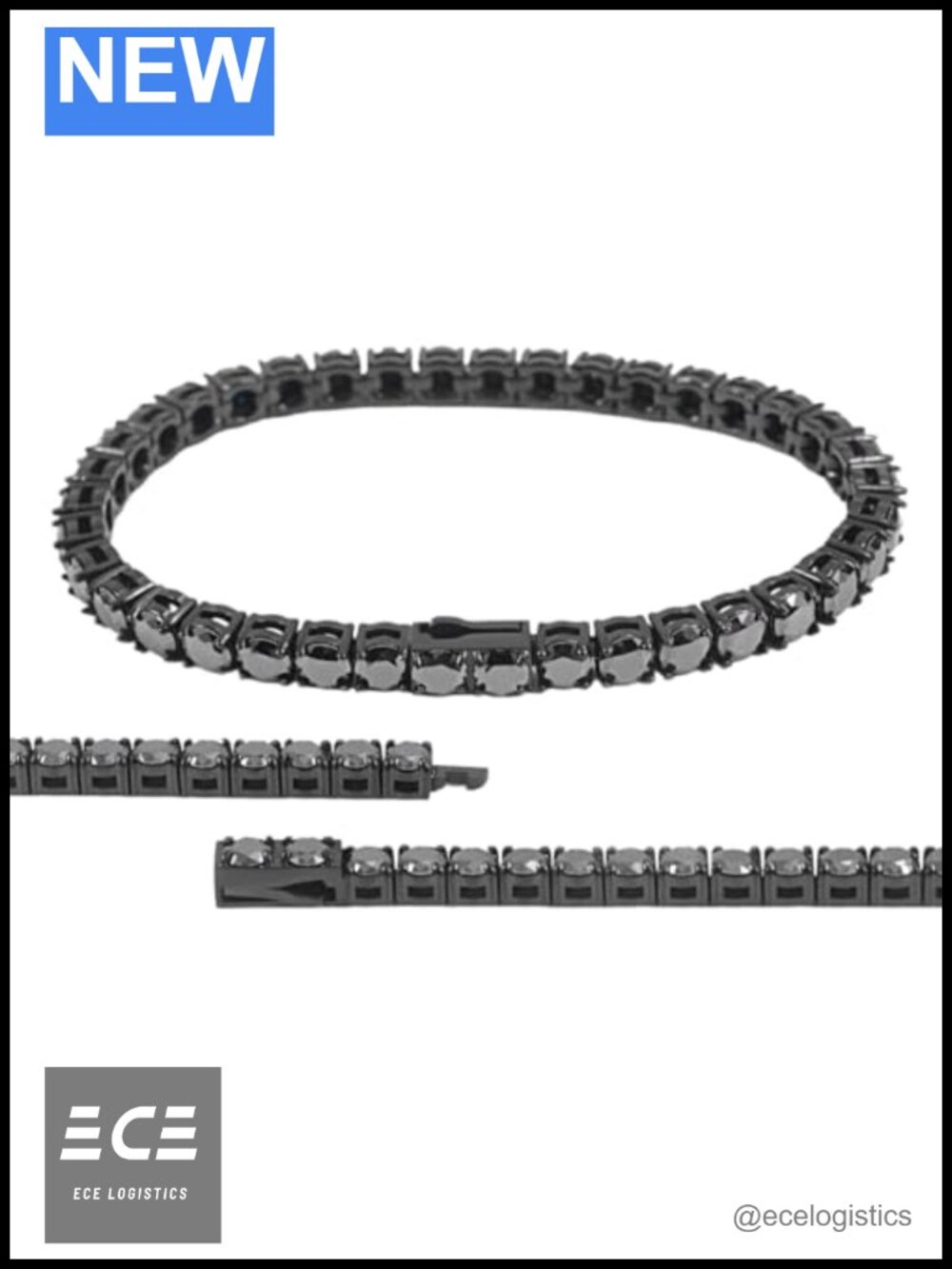 Round Cut Black Moissanite Tennis Bracelet 316 Stainless Steel Cuban Chain